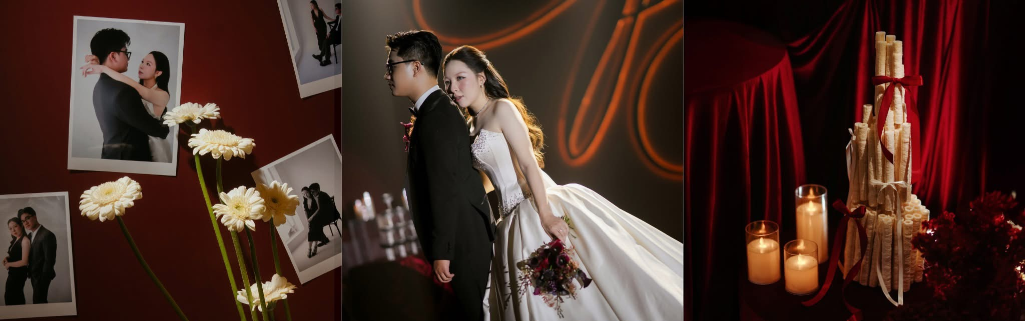 Ba ảnh lễ cưới: bảng đỏ, cô dâu chú rể và bánh cưới bên nến