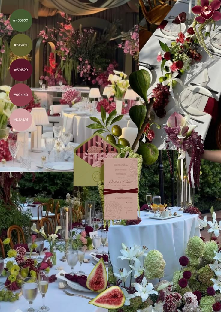 Bảng cảm hứng bàn tiệc, hoa và thiệp cưới với tông xanh lá, olive, burgundy và hồng