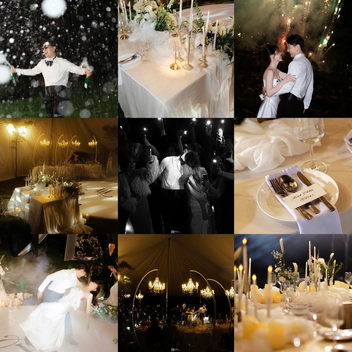 Collage cô dâu chú rể, bàn tiệc và ánh nến trong lễ cưới buổi tối
