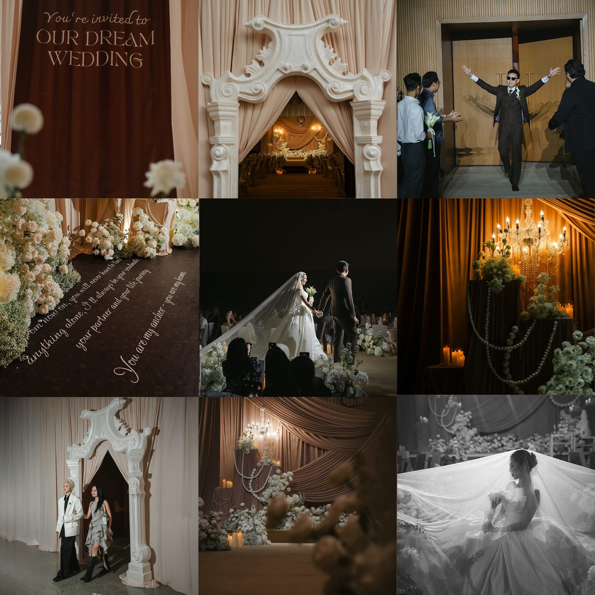 Collage không gian cưới với hoa trắng, rèm, nến và cô dâu chú rể
