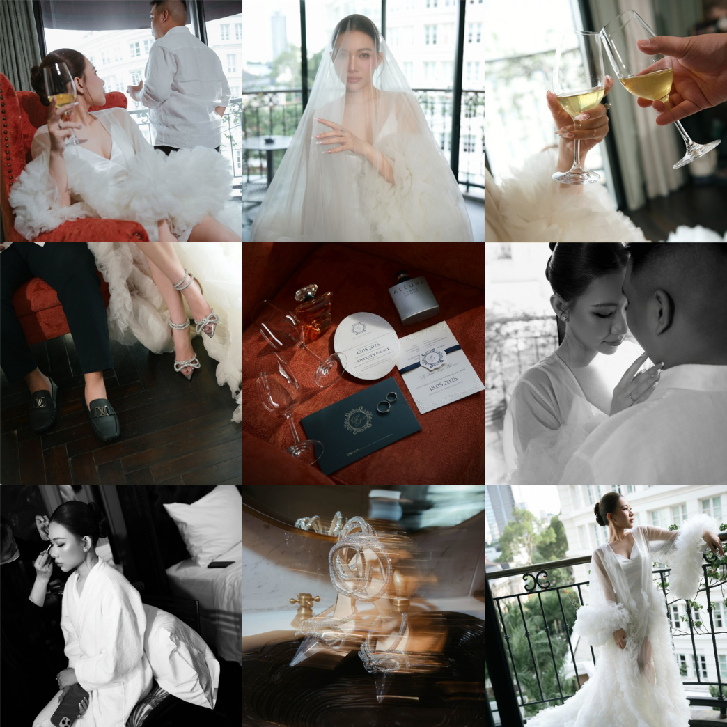 Collage váy cưới, chân dung, ly rượu, giày và thiệp cưới trên tông cam đất
